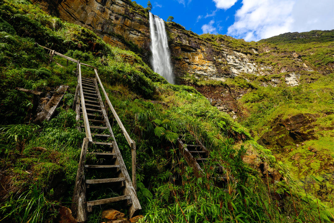Дерев'яні сходи піднімаються до водоспаду