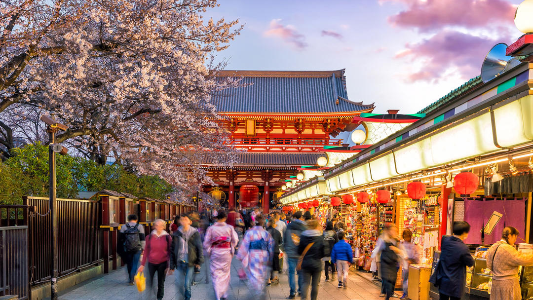 Торгова вулиця Асакуса та храм Сенсо-дзі з деревами сакури.