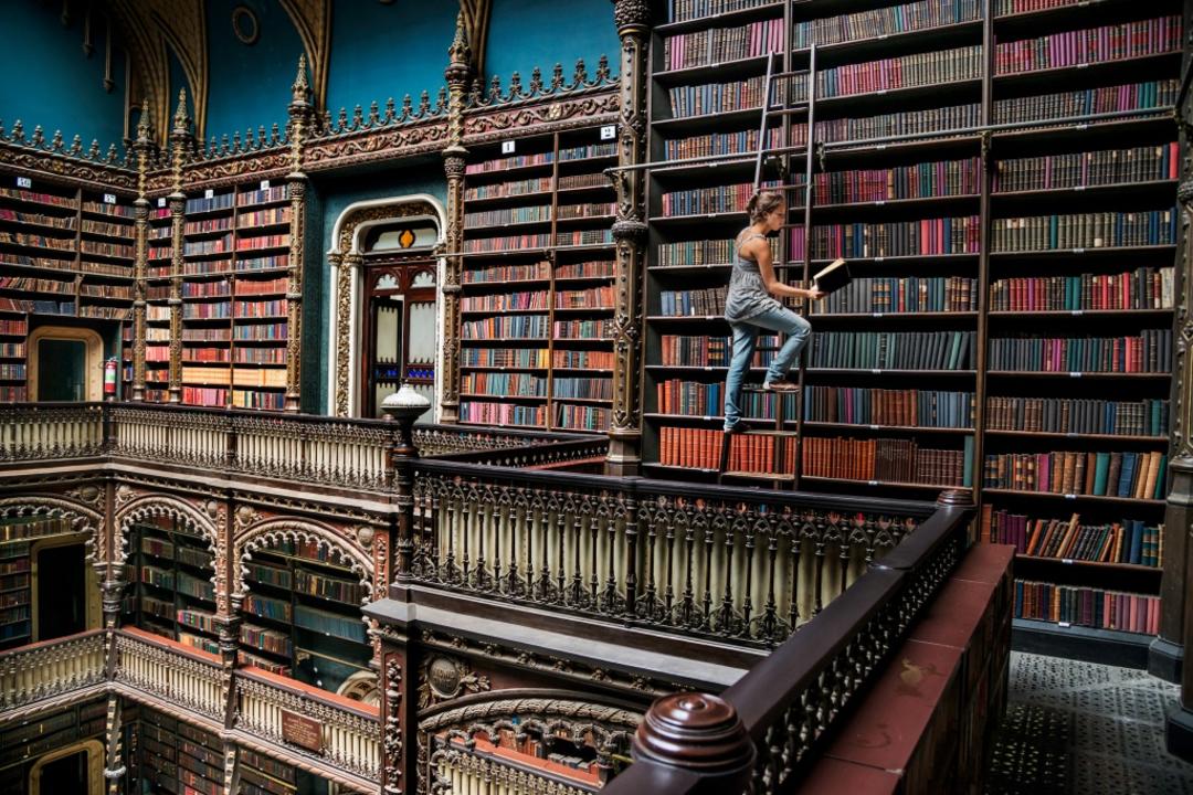 Дівчина читає на сходах серед стелажів з книгами