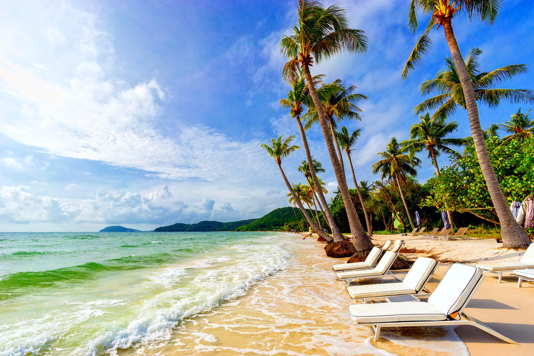 Шезлонги під тропічних пальм на прекрасному пляжі