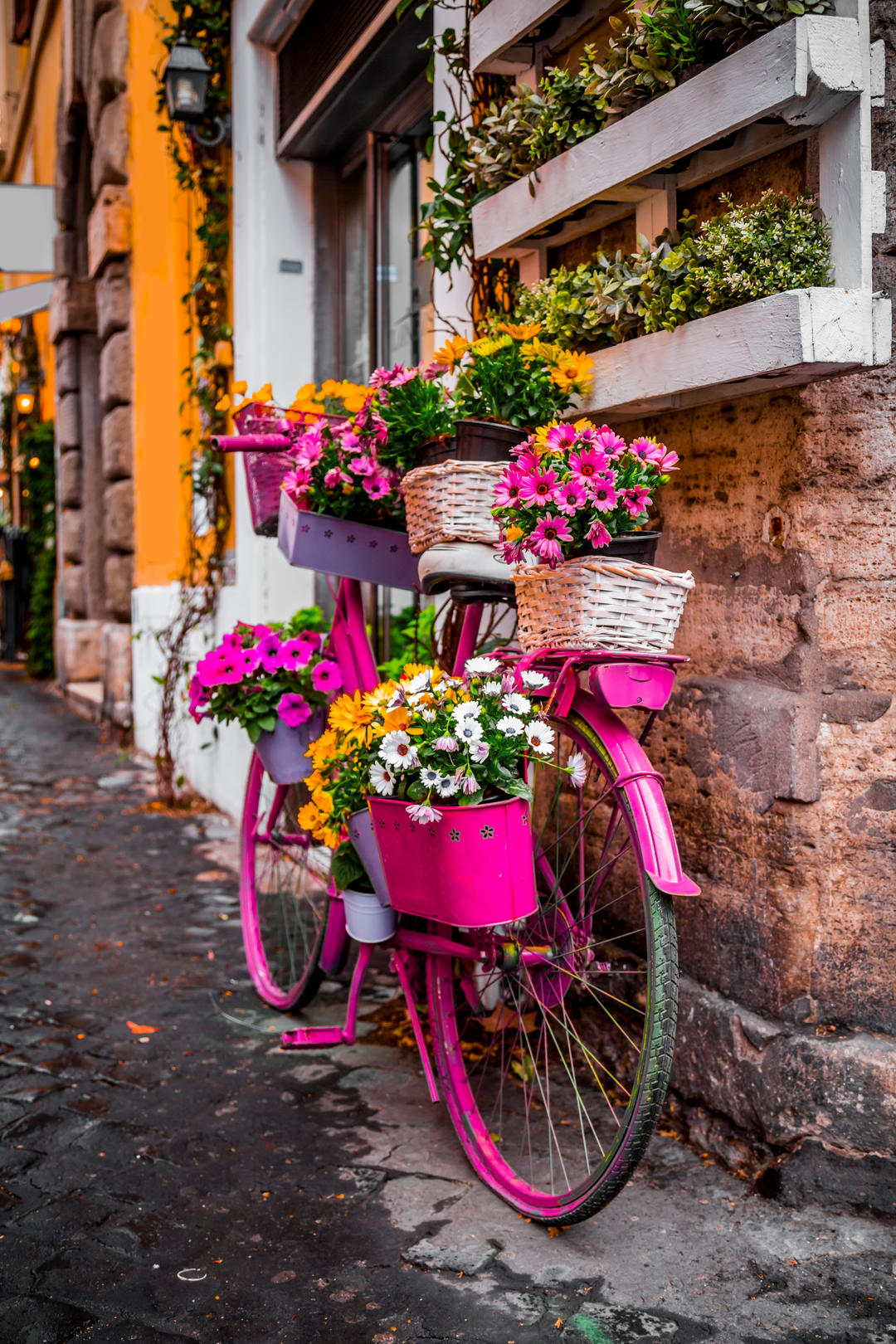 Рожевий велосипед з квітами у кошиках