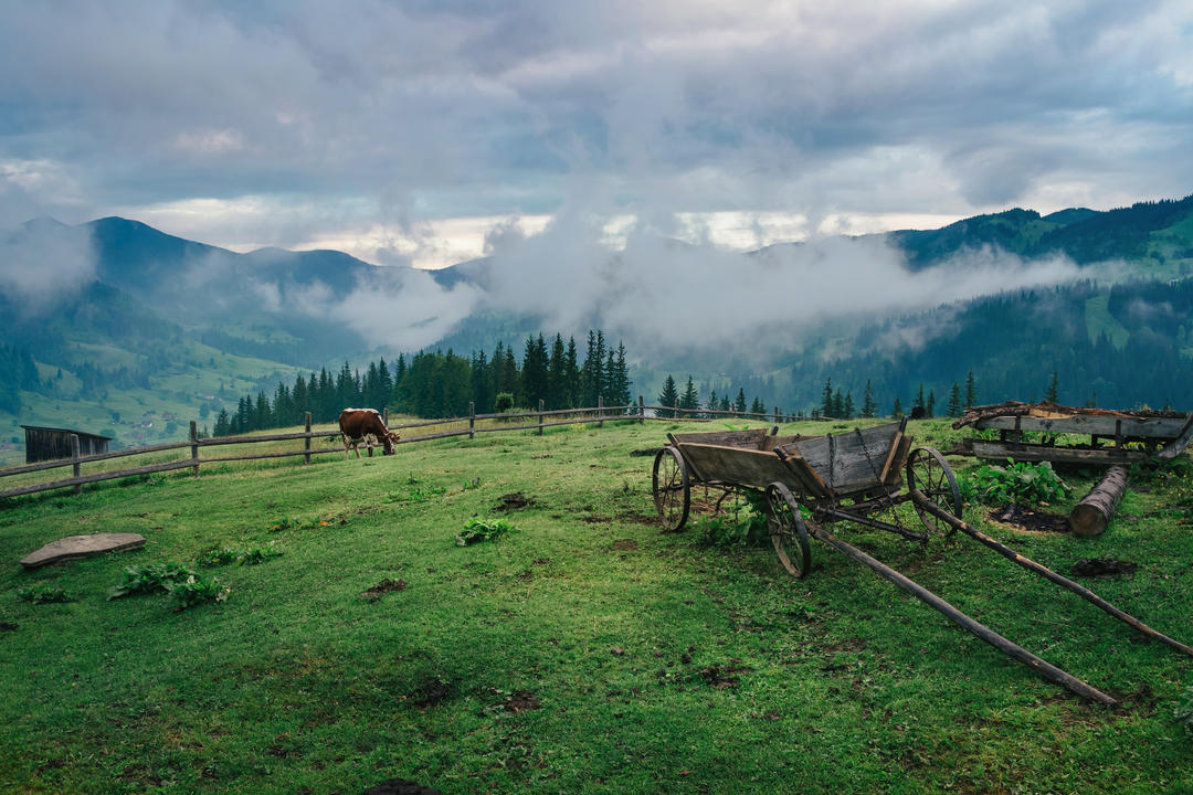 Гірське українське село вкрите ранковим туманом